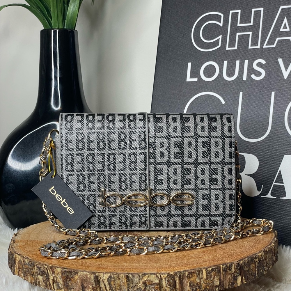 bebe Signature Logo Chain Shoulder Bag in Gray
